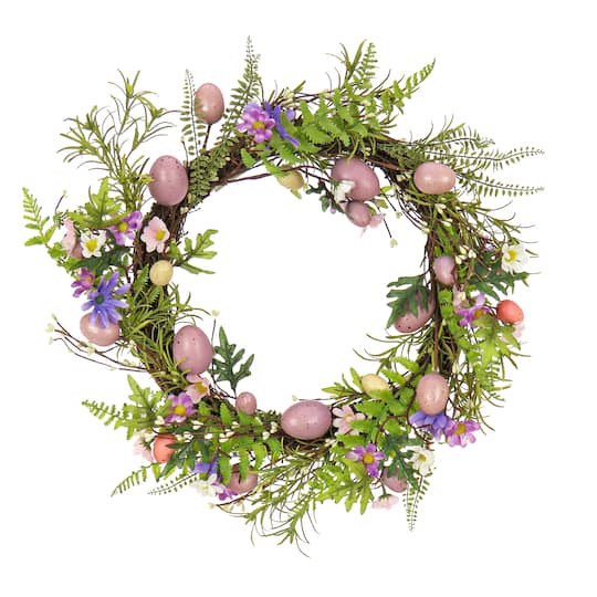 22&#x22; Pink Eggs, Flowers &#x26; Ferns Wreath